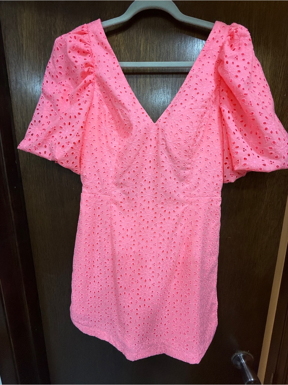 Lilly Pulitzer Neon Pink Eyelet V-Neck Puff Sleeve Mini Dress